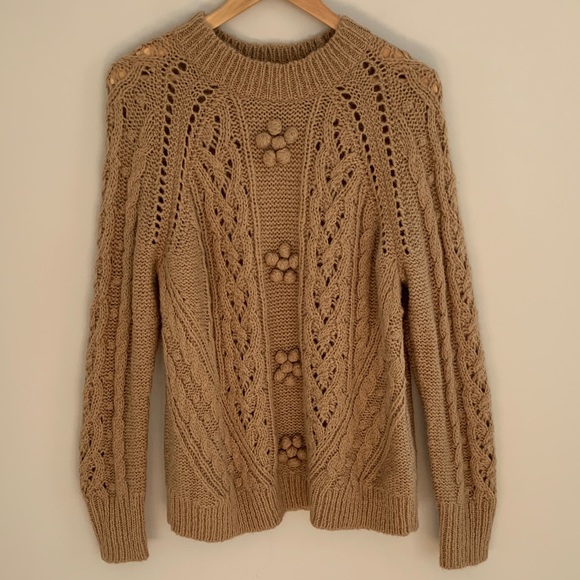J. Crew Sweaters - J. Crew Cable Knit Pointelle Sweater With Popcorn Flowers Large Tan Fisherman